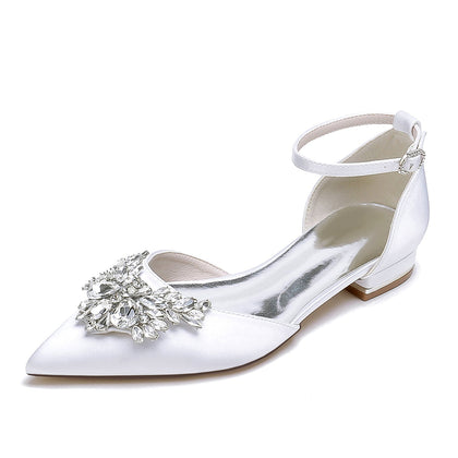 Damen Seidensatin mit Knöchelriemen Strass Geschlossene Zehen Flacher Absatz Abendschuhe