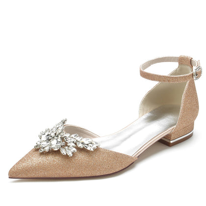 Damen Stretch Glitzer Mit Knöchelriemen Strass Geschlossene Zehen Flacher Absatz Abendschuhe