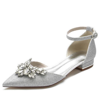Damen Stretch Glitzer Mit Knöchelriemen Strass Geschlossene Zehen Flacher Absatz Abendschuhe