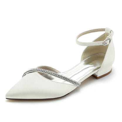 Damen Knöchelriemen Seidensatin mit Strass Geschlossene Zehenpartie Flacher Absatz Partyschuhe