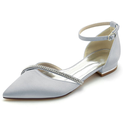 Damen Knöchelriemen Seidensatin mit Strass Geschlossene Zehenpartie Flacher Absatz Partyschuhe