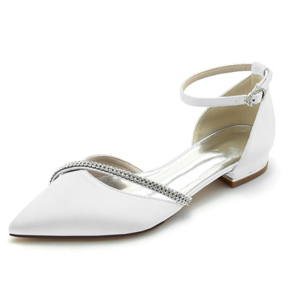 Damen Knöchelriemen Seidensatin mit Strass Geschlossene Zehenpartie Flacher Absatz Partyschuhe