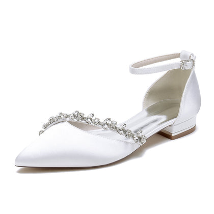 Damen Seidensatin Mit Knöchelriemen Strass Geschlossene Zehenpartie Flacher Absatz Partyschuhe