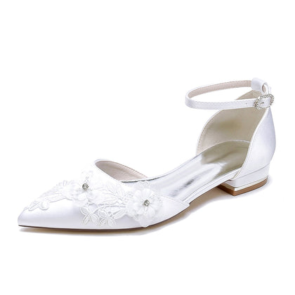 Damen Seidensatin mit Knöchelriemen Blume Geschlossene Zehen Flacher Absatz Hochzeitsschuhe