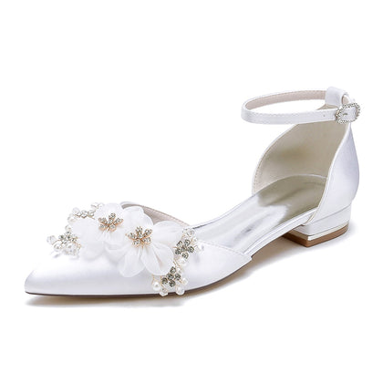 Damen Flacher Absatz Seidensatin Mit Knöchelriemen Blume Geschlossene Zehen Hochzeitsschuhe