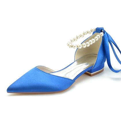 Damen Seidensatin mit Knöchelriemen, Schnürung, geschlossene Zehenpartie, flacher Absatz, Abendschuhe