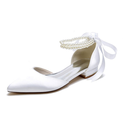 Damen Seidensatin mit Knöchelriemen, Schnürung, Perlen, geschlossene Zehenpartie, flacher Absatz, Abendschuhe