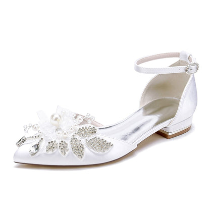 Damen Seidensatin mit Knöchelriemen Blume Strass Geschlossene Zehen Flacher Absatz Abendschuhe
