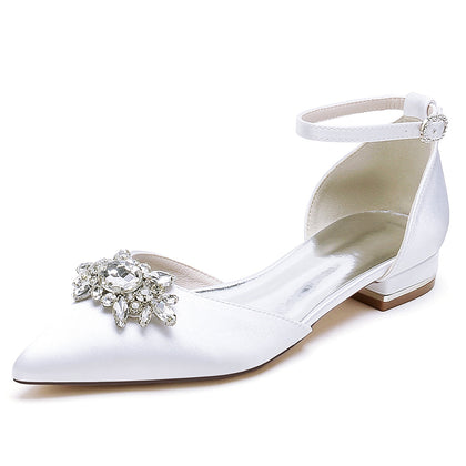 Damen Seidensatin mit Knöchelriemen Strass Geschlossene Zehen Flacher Absatz Hochzeitsschuhe
