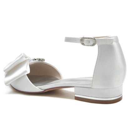 Damen Knöchelriemen Strass Seidensatin Mit Geschlossener Spitze Flachem Absatz Hochzeitsschuhe