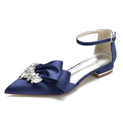 Damen Knöchelriemen Strass Seidensatin Mit Geschlossener Spitze Flachem Absatz Hochzeitsschuhe