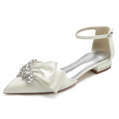 Damen Knöchelriemen Strass Seidensatin Mit Geschlossener Spitze Flachem Absatz Hochzeitsschuhe