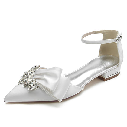 Damen Knöchelriemen Strass Seidensatin Mit Geschlossener Spitze Flachem Absatz Hochzeitsschuhe