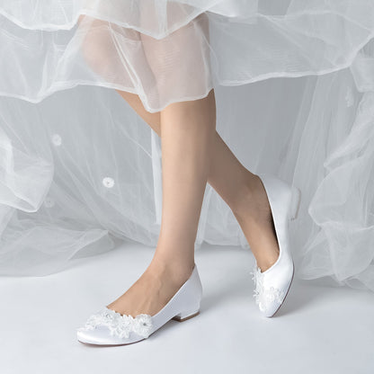 Damen Seidensatin mit geschlossener Spitze Blumen Flacher Absatz Abendschuhe