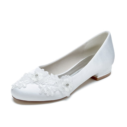 Damen Seidensatin mit geschlossener Spitze Blumen Flacher Absatz Abendschuhe