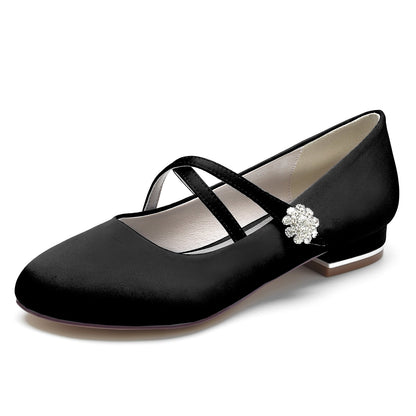 Damen Seidensatin mit Blumen Strass Geschlossene Zehe Flacher Absatz Hochzeitsschuhe