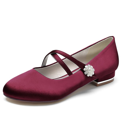 Damen Seidensatin mit Blumen Strass Geschlossene Zehe Flacher Absatz Hochzeitsschuhe