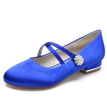 Damen Seidensatin mit Blumen Strass Geschlossene Zehe Flacher Absatz Hochzeitsschuhe