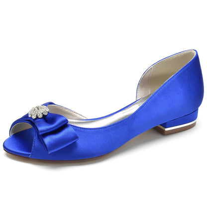 Damen Seidensatin mit Blumen Strass Peep Toe Flacher Absatz Hochzeitsschuhe