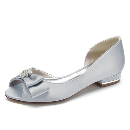 Damen Seidensatin mit Blumen Strass Peep Toe Flacher Absatz Hochzeitsschuhe