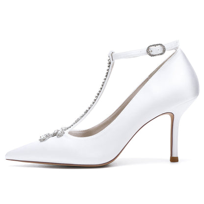 Damen Abendschuhe aus Seidensatin mit Knöchelriemen und Strasssteinen, geschlossene Zehenpartie, Stilettoabsatz