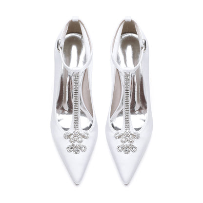 Damen Abendschuhe aus Seidensatin mit Knöchelriemen und Strasssteinen, geschlossene Zehenpartie, Stilettoabsatz