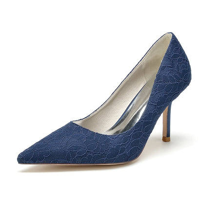 Damen Spitze Seidensatin Mit Spitze Geschlossene Zehen Stiletto Absatz Party Schuhe
