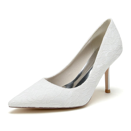 Damen Spitze Seidensatin Mit Spitze Geschlossene Zehen Stiletto Absatz Party Schuhe