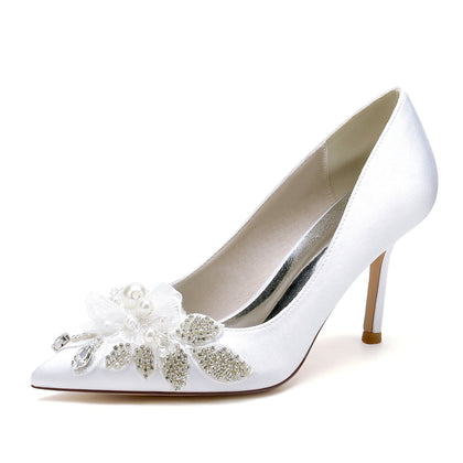 Damen Seidensatin mit Blumen Strass Geschlossene Zehen Stiletto Absatz Abendschuhe