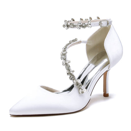 Damen Seidensatin Mit Knöchelriemen Strass Geschlossene Zehen Stiletto Absatz Party Schuhe