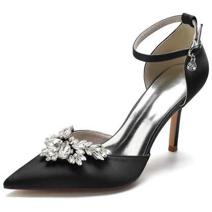 Damen Seidensatin Knöchelriemen Strass Geschlossene Zehen Stiletto Absatz Brautschuhe