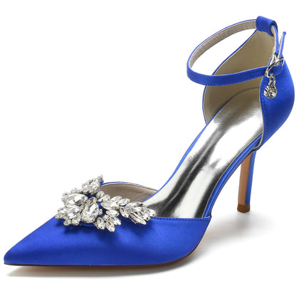 Damen Seidensatin Knöchelriemen Strass Geschlossene Zehen Stiletto Absatz Brautschuhe