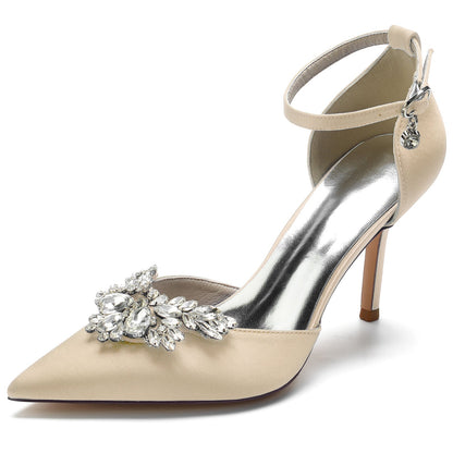 Damen Seidensatin Knöchelriemen Strass Geschlossene Zehen Stiletto Absatz Brautschuhe