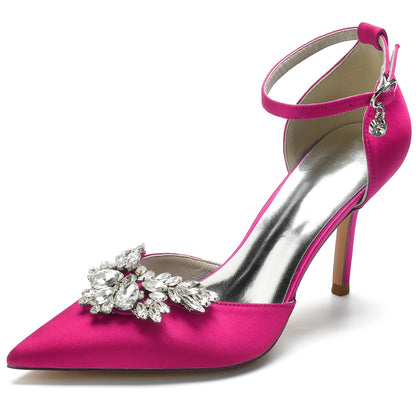 Damen Seidensatin Knöchelriemen Strass Geschlossene Zehen Stiletto Absatz Brautschuhe
