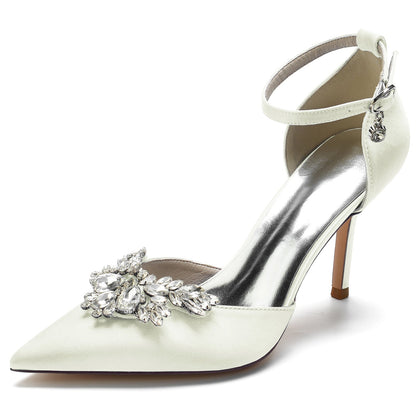 Damen Seidensatin Knöchelriemen Strass Geschlossene Zehen Stiletto Absatz Brautschuhe