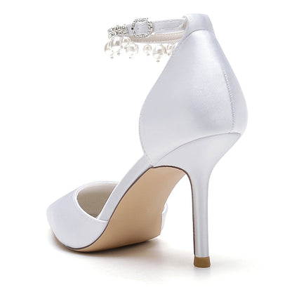 Damen Seidensatin Mit Knöchelriemen Perle Strass Quaste Geschlossene Zehen Stiletto Absatz Party Schuhe