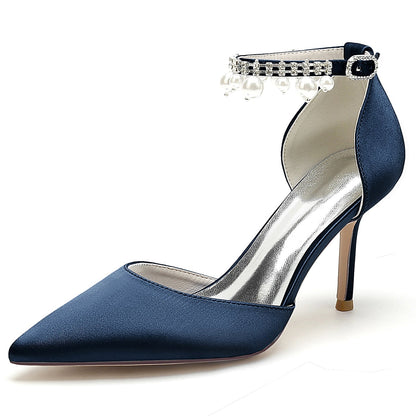 Damen Seidensatin Mit Knöchelriemen Perle Strass Quaste Geschlossene Zehen Stiletto Absatz Party Schuhe