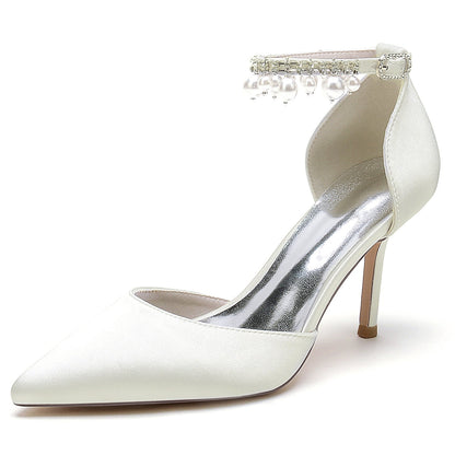 Damen Seidensatin Mit Knöchelriemen Perle Strass Quaste Geschlossene Zehen Stiletto Absatz Party Schuhe