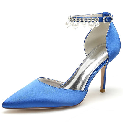Damen Seidensatin Mit Knöchelriemen Perle Strass Quaste Geschlossene Zehen Stiletto Absatz Party Schuhe