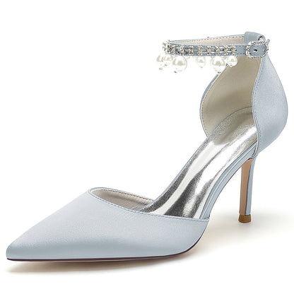 Damen Seidensatin Mit Knöchelriemen Perle Strass Quaste Geschlossene Zehen Stiletto Absatz Party Schuhe