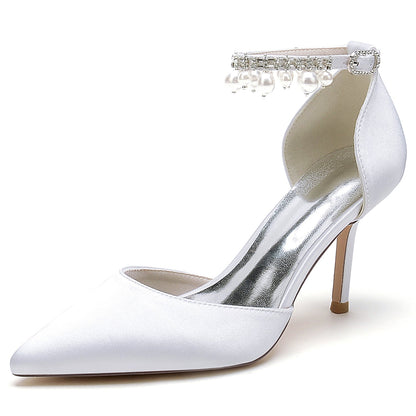 Damen Seidensatin Mit Knöchelriemen Perle Strass Quaste Geschlossene Zehen Stiletto Absatz Party Schuhe