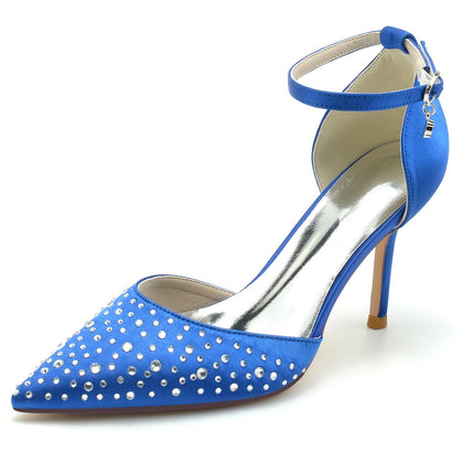 Damen Seidensatin mit Strass Geschlossene Zehen Stiletto-Absatz Knöchelriemen Hochzeitsschuhe