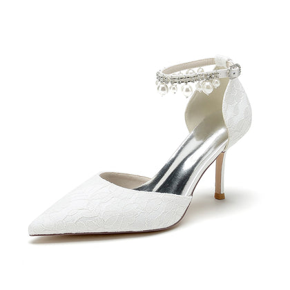 Damen Spitze Seidensatin Mit Knöchelriemen Perle Strass Spitze Quaste Geschlossene Zehen Stiletto Absatz Brautschuhe