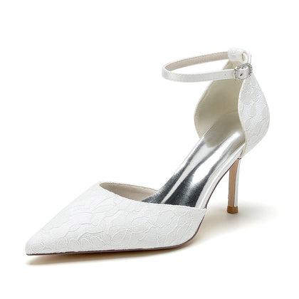 Damen Spitze Seidensatin Mit Knöchelriemen Spitze Geschlossene Zehen Stiletto Absatz Party Schuhe