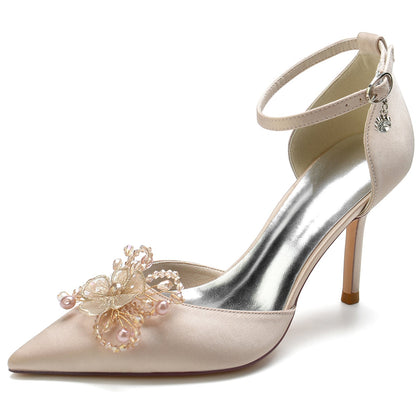 Damen Seidensatin Knöchelriemen Schleife Geschlossene Zehen Stilettoabsatz Hochzeitsschuhe