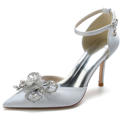 Damen Seidensatin Knöchelriemen Schleife Geschlossene Zehen Stilettoabsatz Hochzeitsschuhe