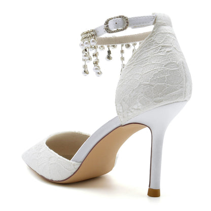 Damen Spitze Mit Knöchelriemen Spitze Quaste Geschlossene Zehen Stiletto Absatz Brautschuhe