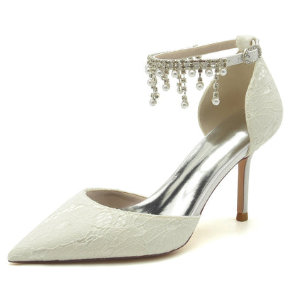 Damen Spitze Mit Knöchelriemen Spitze Quaste Geschlossene Zehen Stiletto Absatz Brautschuhe
