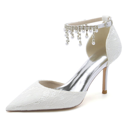 Damen Spitze Mit Knöchelriemen Spitze Quaste Geschlossene Zehen Stiletto Absatz Brautschuhe