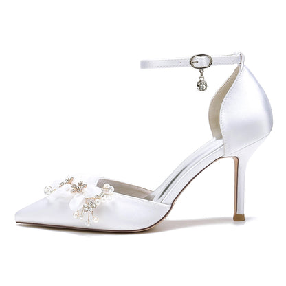 Damen Seidensatin mit Blumen Knöchelriemen Geschlossene Zehen Stilettoabsatz Abendschuhe